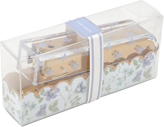 Laura Ashley Heirloom Cottage Mini Stapler – Stylish Gold & Acrylic Desk Stapler with Floral Accents – Compact 5” Aesthetic Office Stapler for Home, School & Work – Gift-Ready Packaging
