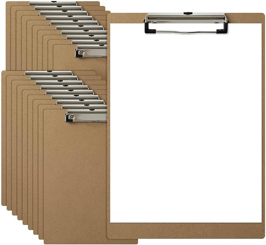 HappyHapi 20 Pack Clipboard 8.5 x 11 Letter Size Clip Boards Bulk, A4 Wooden Hardboard Office Clipboards Pack for Classroom, Work-Meetings, Brown