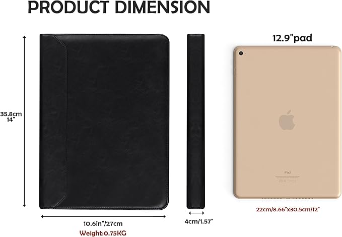 AZXCG Zipper Portfolio Padfolio Binder,3-Ring Padfolio for Women and Men,A4/Letter Size, PU Leather with iPad,Professional Organizer for Resume/Interview