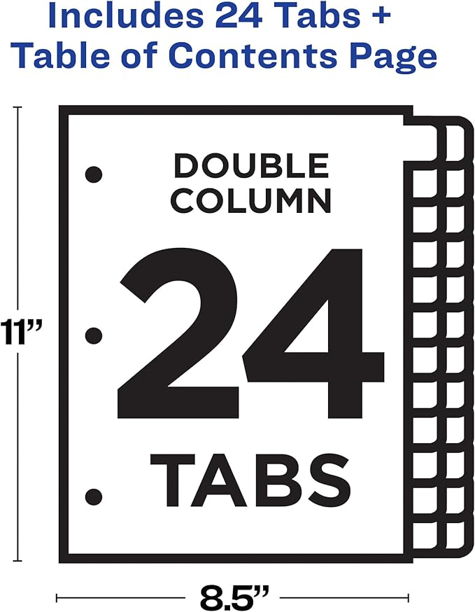 Avery Double Column 24 Tab Dividers for 3 Ring Binders, Customizable Table of Contents, Multicolor Tabs, 1 Set (11321)