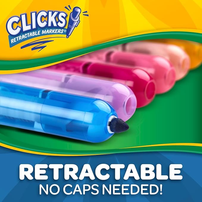 Crayola Clicks Retractable Tip Markers (10ct), Stocking Stuffers for Kids & Toddlers, Cone Tip Washable Art Marker Set, Coloring Book Supplies, No Dry, 3+ (Pack of 2)