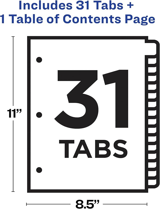 Avery 1-31 Dividers for 3 Ring Binders, 31 Tabs per Set, Customizable Table of Contents, Classic White Tabs, Great for Organizing Reports, Projects, and More (11128)