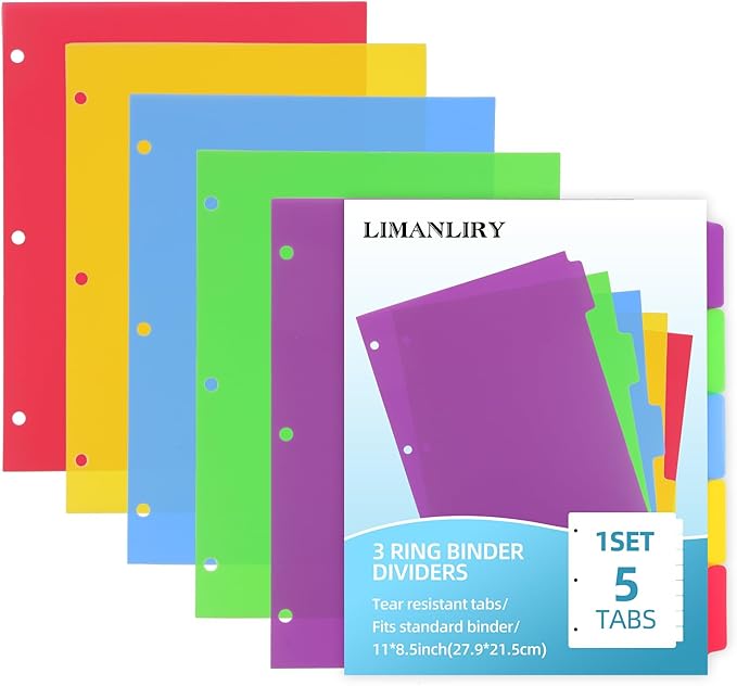Colorful Binder Dividers with Tabs,Plastic Index with 5-Tabs,for 3 Ring Binder,6 Sets