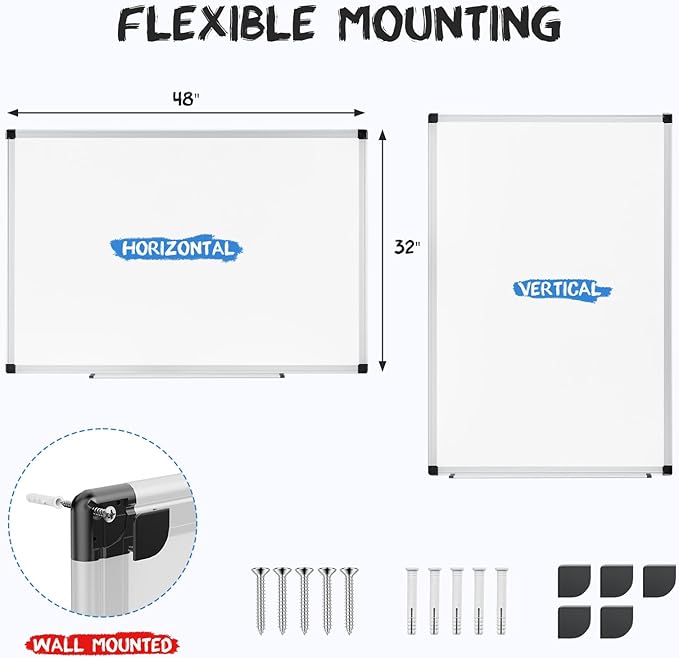 OLIXIS Magnetic White Board, Dry Erase Board for Wall 32" x 48", Whiteboard with 1 Dry Eraser & 2 Multicolor Markers & 4 Magnetic Pins, Aluminium Frame for Home, School, Office, White