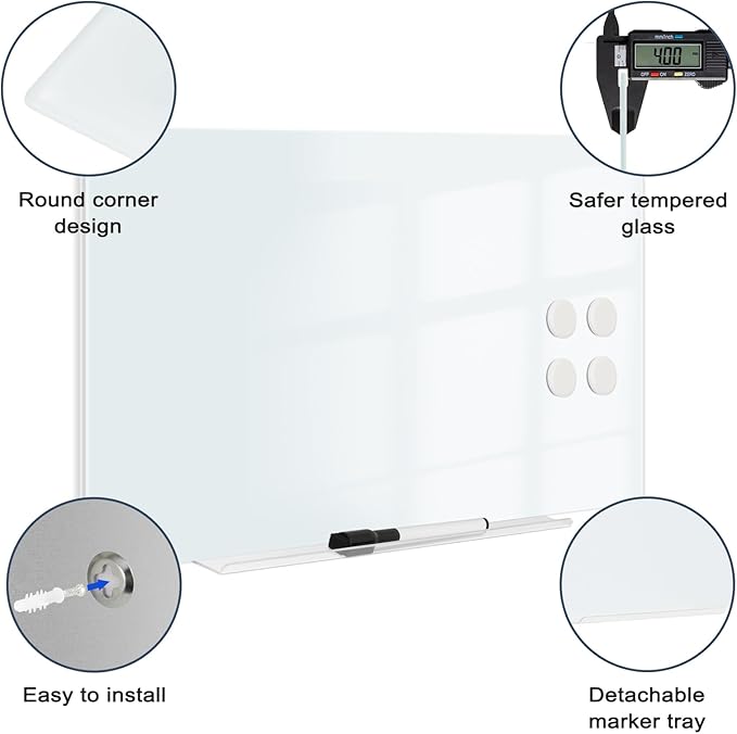 Magnetic Glass Whiteboard for Wall, 16" x 12" Glass Dry Erase Board, Frameless White Board for Home and Office - Normal White