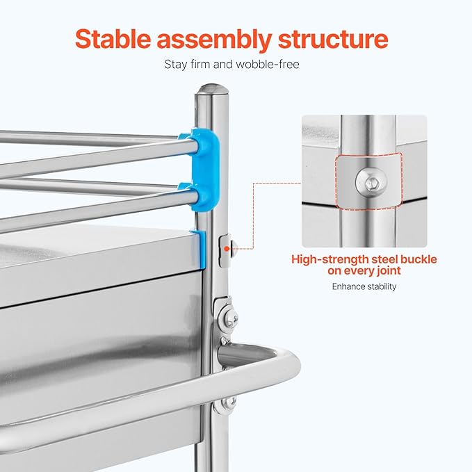 VEVOR Stainless Steel Utility Cart, 2 Layers with Two Lockable Wheels, Ideal for Laboratory, Hospital, Dental Use