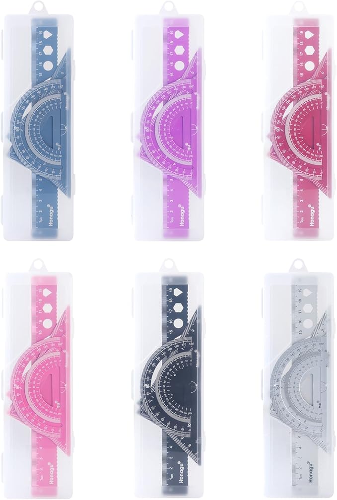 Honagu Triangular Ruler Set, 4 Pieces Aluminum Alloy Ruler, Metal Drafting Ruler, Geometric Protractor for Students, Draftsmen, Engineers, Home School Office Supplies (20cm/7.87inches, Pink)