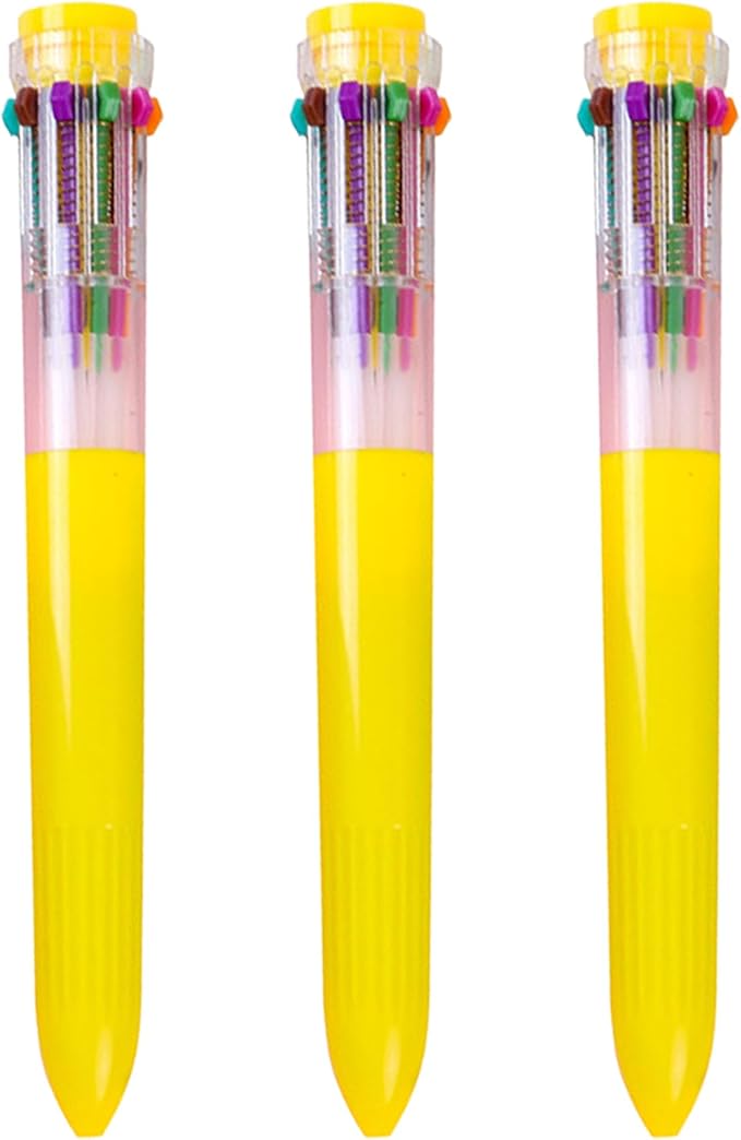 HeTaoCat Multicolor Pens 3 Pack 0.5mm 10-in-1 Retractable Ballpoint Pens - 10 Colors Transparent Barrel Ballpoint Pen for Office Supplies (Yellow)