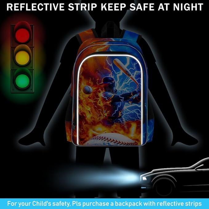 gxtvo 3PCS Boys Baseball Backpack, 17" Kids Bookbag with Lunch Box, Water Resistant Middle Elementary School Bag - Fire & Lightning Baseball Player