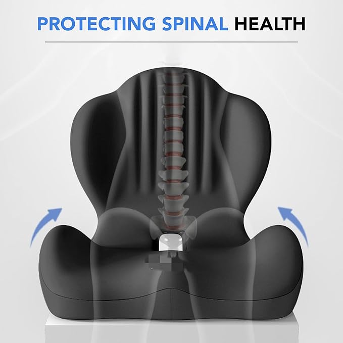 Ergonomic Waist Support and seat Cushion, 2-in-1 Memory Foam pad, Hollow Design for The Coccyx, Suitable for Office Chairs, car Safety Seats and Household use - relieves Lower Back and Hip Pain Black