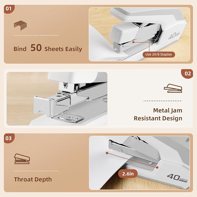 Deli Effortless Desktop Stapler, Heavy Duty Stapler, 40-50 Sheet Capacity, One Finger, No Effort, Includes Staples & Staple Remover, White