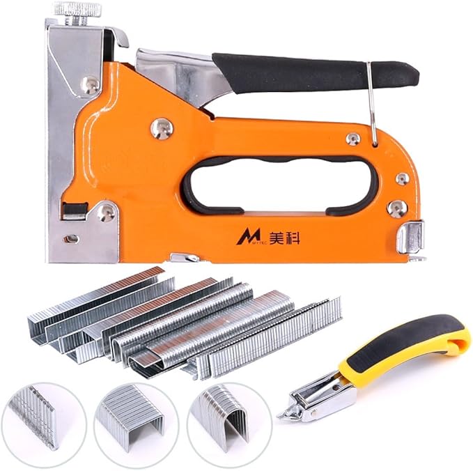 Swpeet 3-in-1 Staple Gun Kit with Staple Remover and 500Pcs Staples Selection Pack Kit，Hand Operated Carbon Steel Gun Tacker Tool for Upholstery, Fixing Material, Decoration, Carpentry, Furniture