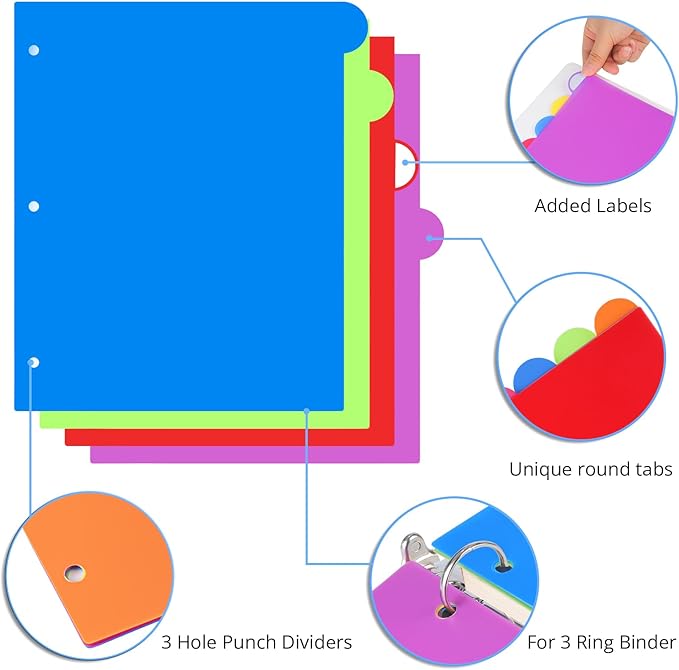 Dividers for 3 Ring Binder, 8 Tab Vibrant Colors 3 Sets 24 Pcs Plastic Binder Dividers with Tabs, 3 Hole Punched Tab Dividers Letter Size for School Office, Assorted Bright Rainbow Colors