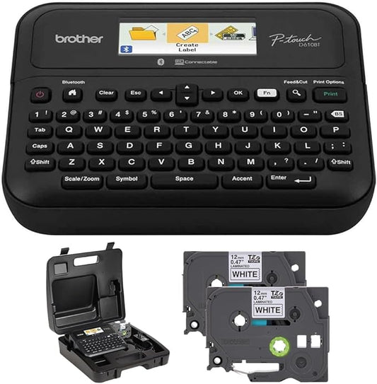 Brother Business Professional Connected Label Maker Bundle with Carrying Storage Case and TZe2312PK P-Touch Black Print on White Laminated Label Tape