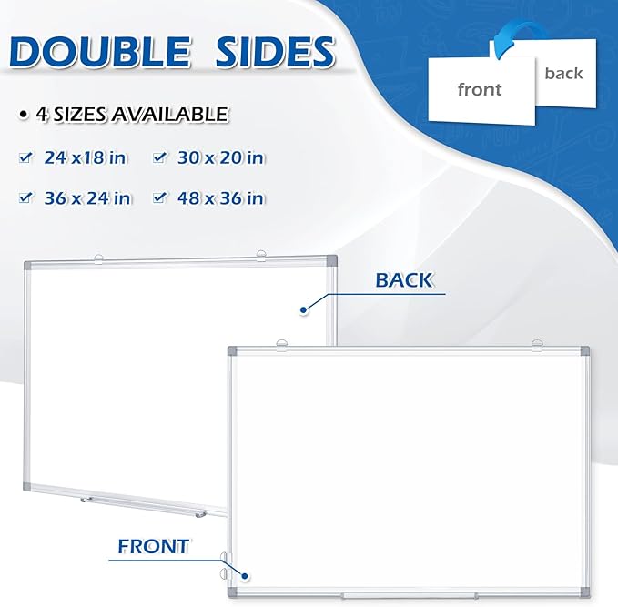 DOLLAR BOSS White Board Magnetic Dry Erase Board, 24 x 18 Inch Double-Sided Whiteboard for Wall Silver Aluminum Frame for Office School Home with 8 Magnets 4 Markers 1 Eraser 1 Detachable Pen Tray