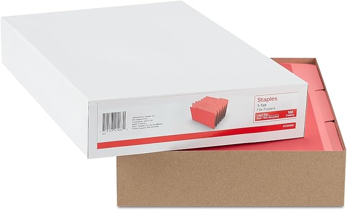 Staples File Folders, Legal Size, 1/3‑Cut Tabs, Red, Durable Paper Stock, 200/Carton
