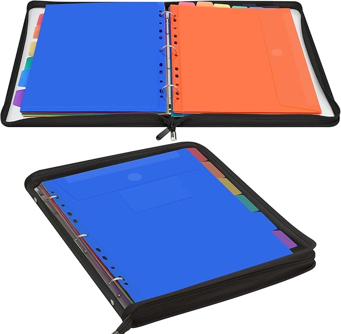 Uquelic Document Organizer, Soft PVC Binder with 12 Colorful Pockets - Zipper Binder 3 Ring with Dividers Letter Size (11'' x 8.5'')-Large Capacity Cute Folder for School, Office & Home Use (Black)