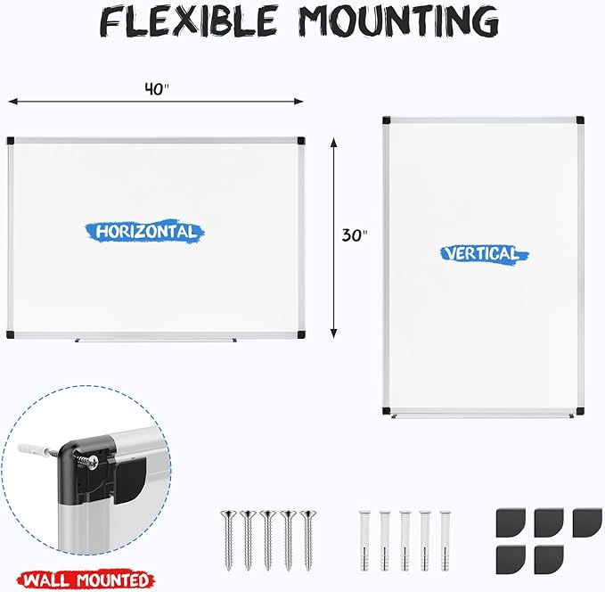 OLIXIS Magnetic White Board, Dry Erase Board for Wall 30" x 40", Whiteboard with 1 Dry Eraser & 2 Multicolor Markers & 4 Magnetic Pins, Aluminium Frame for School, Office, White