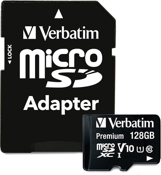 Verbatim 128GB Premium microSDXC Memory Card with Adapter UHS-I V10 Class 10 Supports Full HD (1080p) U1 Speed Rated Up to 90MB/s Read Speed