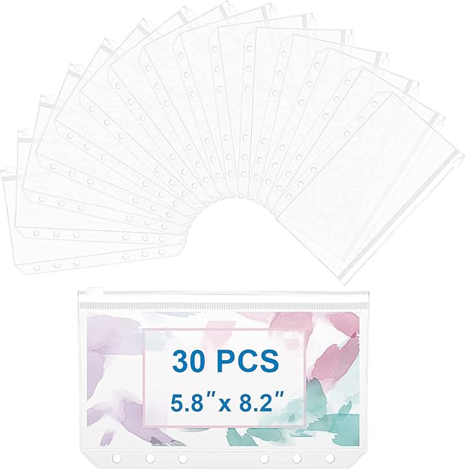 30pcs A5 Binder Pockets 6 Holes Zipper Folders Clear PVC Card Loose Leaf Bags Cash Envelopes for Budgeting Binder Waterproof Document Filing Bags for 6 Ring Notebook Planner Inserts