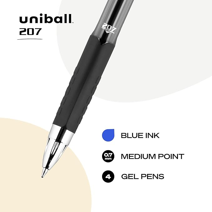 uni-ball® Signo Gel 207™ Retractable Gel Pens, Medium Point, 0.7 mm, Clear Barrel, Blue Ink, Pack Of 4