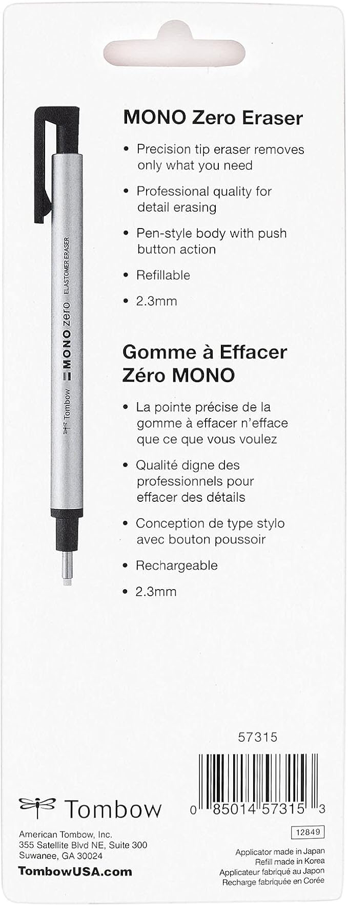 Tombow Mono Zero Eraser and Refill Value Pack, Round 2.3mm. Precision Tip Pen-Style Eraser with Refill, Black & 57316 Mono Zero Eraser Refills, Round, Mono Zero Precision Tip Eraser Refills, 2.3 mm