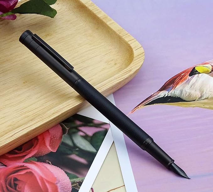 Brushed Black Forest Fude Pen, Bent Nib Calligraphy Fountain Pen (Fine to Broad) with Converter and Metal Box Set by Asvine
