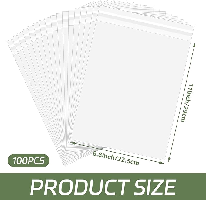 100PCS 8.5 x 11 Inch Cellophane Bags Self Sealing, Resealable Clear Plastic Sleeves for Paper, Artwork, Photo Mats, Comic, Magazine Page Protectors