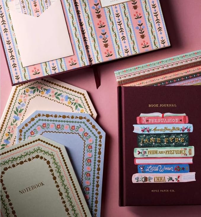 RIFLE PAPER CO. Gemma Stitched Notebook Set, 8.5" L x 6" W, Set Of 3, 64 Ruled Pages With Gold Ink, Full-Color Die-Cut Canvas Cover With White Text Paper Interior