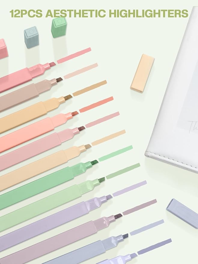 51 PCS Aesthetic School Supplies with Cute Pencil Case, 12 Pastel Highlighters, 8 Quick Dry Retractable Black Ink Pens, 6 Pastel Mechanical Pencil Student Stationary Bible Study Supplies(Beige Green)