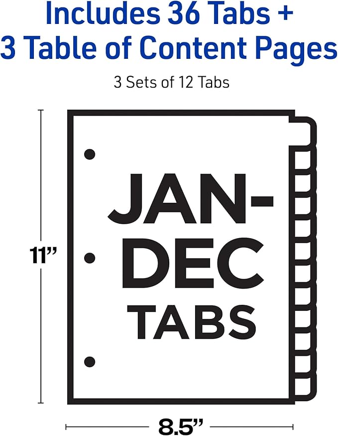 Avery Jan-Dec Dividers for 3 Ring Binders, 12 Tabs per Set, Customizable Table of Contents, Multicolor Tabs, Great for Organizing Reports, Projects, and More (3 Sets of 44128)