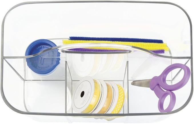 mDesign Plastic Portable Craft Storage Organizer Caddy Tote, Divided Basket Bin w/Handle - Craft, Sewing, Art Supplies - Holds Brushes, Colored Pencils - Lumiere Collection - Clear