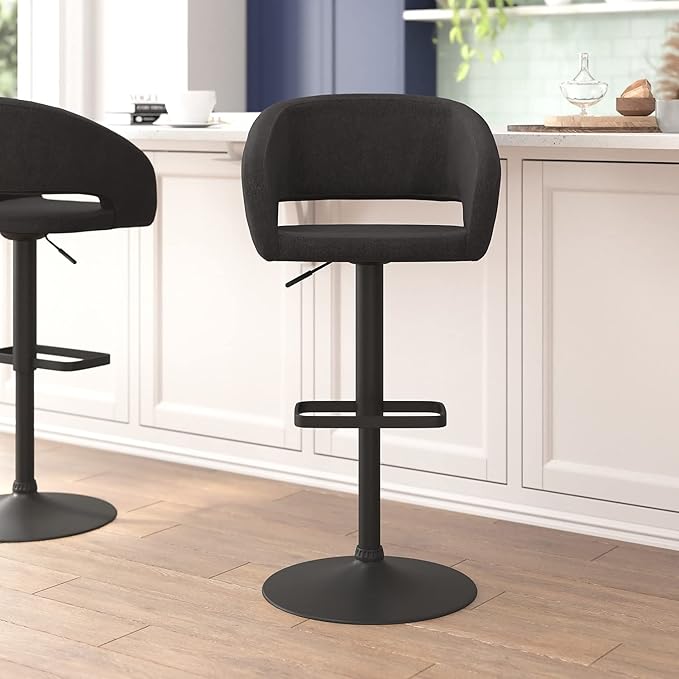 Flash Furniture Erik Comfortable & Stylish Contemporary Barstool with Rounded Mid-Back and Foot Rest, Adjustable Height - Charcoal Fabric with Black Base