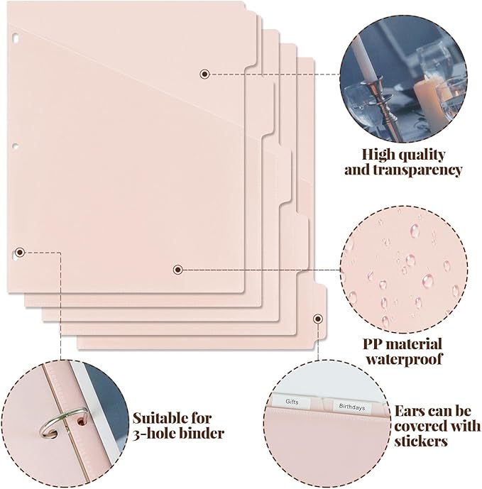 Koqye Binder Dividers with Pockets - 5 Plastic Dividers for 3 Ring Binders - A4 Bividers with Pocket & Tabs for Planners (Pink - 5 Tabs)