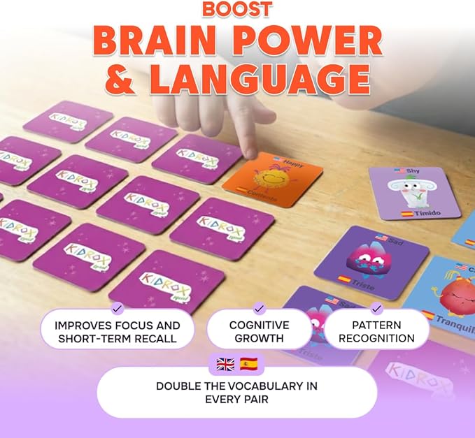 Kidrox Emotions Flash Cards, English Learning Cards with Spanish Translations, Interactive Matching Game for Emotional Development