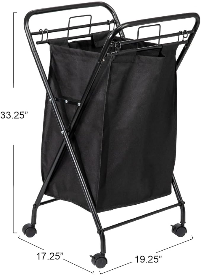 Household Essentials Rolling Laundry Hamper, Heavy Duty Canvas Bag, 2 Load Capacity, Foldable Frame, Black Bag with Velcro Fasteners, Black