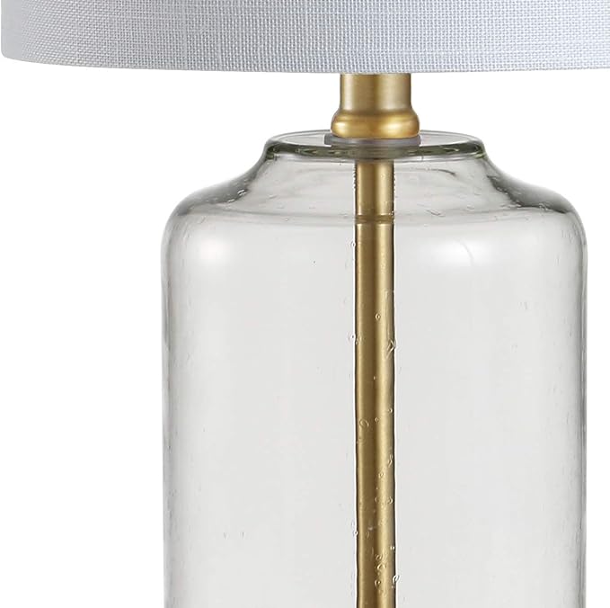 JONATHAN Y 19.5" Brass Gold and Clear Glass Table Lamp, Glam Transitional Bedside Lamp for Living Room Nightstand, White Linen Drum Shade, LED Bulb Included JYL1033A
