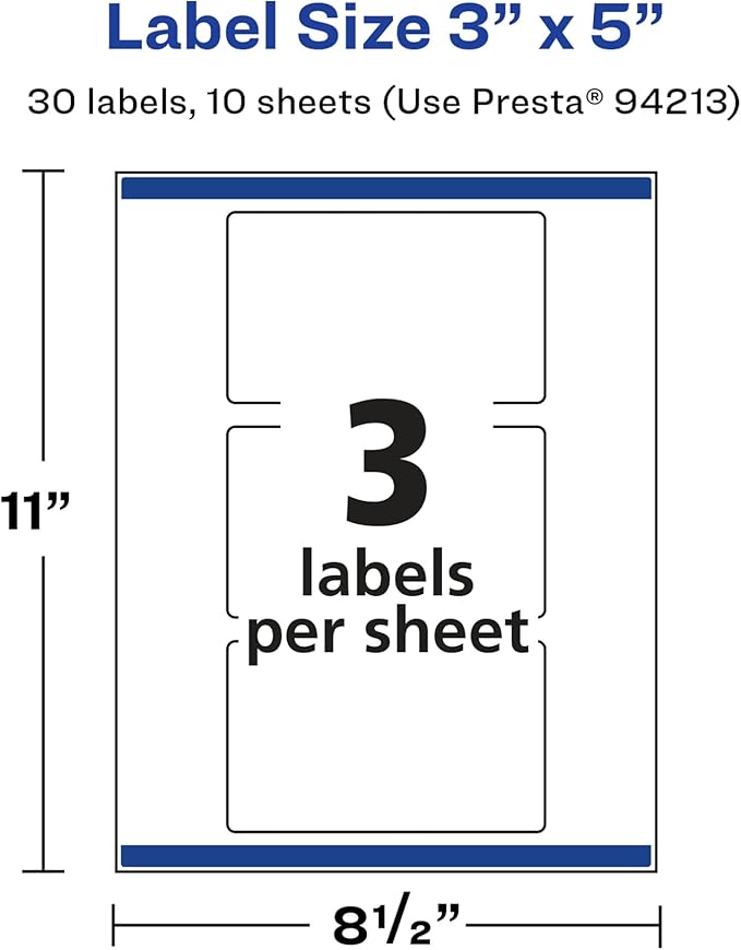 Avery Glossy White Rectangle Labels, Sure Feed Technology, 3" x 5", 30 Glossy White Labels, Print-to-The-Edge, Permanent Adhesive, Laser/Inkjet Printable