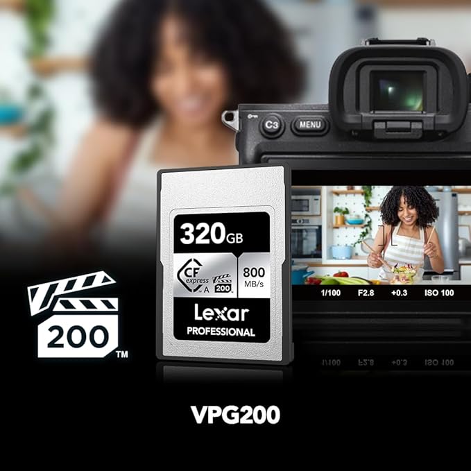 Lexar 320GB Professional CFexpress Type A SILVER Series Memory Card, Compatible with Sony Cameras w/ Type A Card Slot, Up to 800/700 MB/s Read/Write, 8K Video, VPG 200 (LCAEXSL320G-RNENG)