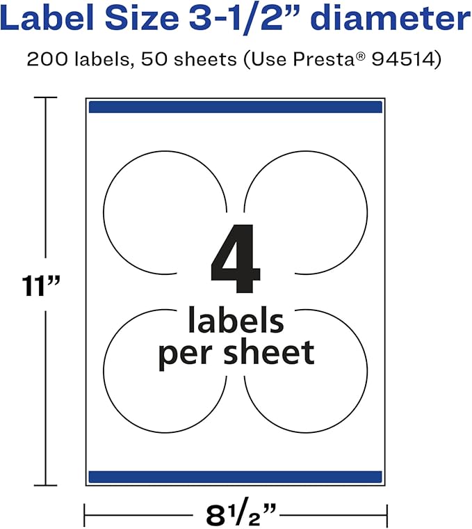 Avery Glossy White Round Labels, Sure Feed Technology, 3.5" Diameter, 200 Glossy White Labels, Print-to-The-Edge, Permanent Adhesive, Laser/Inkjet Printable