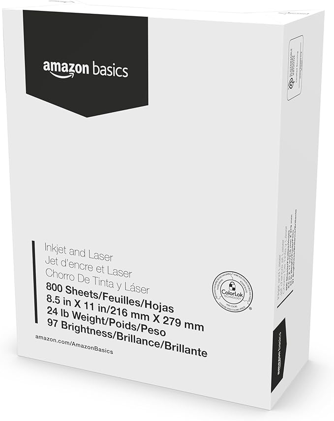 Amazon Basics Multipurpose Copy Printer Paper, 8.5 x 11 Inches, 24 lb Weight, 97 Brightness, White, 800 Sheets (1 Mega Ream), for Inkjet and Laser, Copy & Print