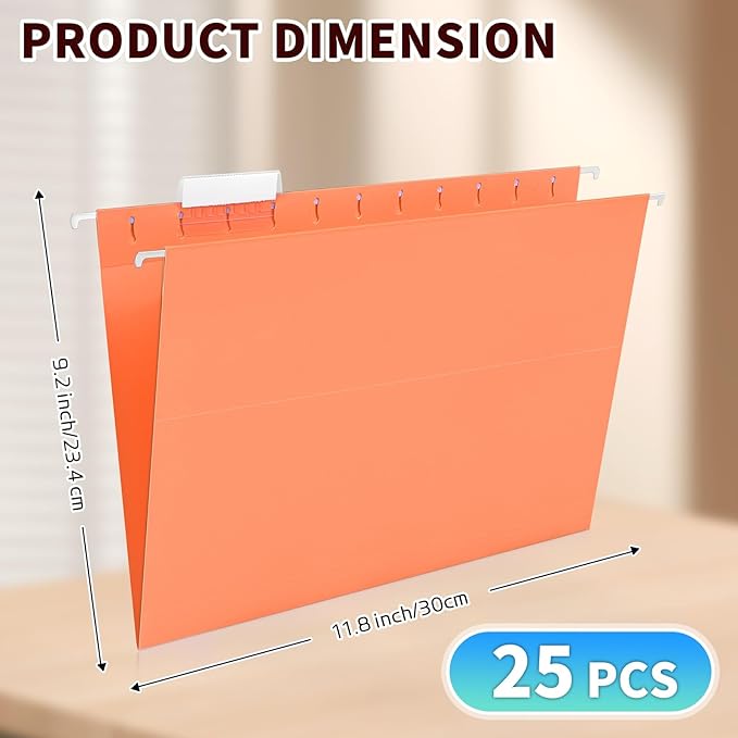 25-Pack Assorted Hanging File Folders,Letter Size with 35 Transparent Label Cards,50 Sticker Labels,1/5-Cut Tabs–Home Office & Filing Cabinets