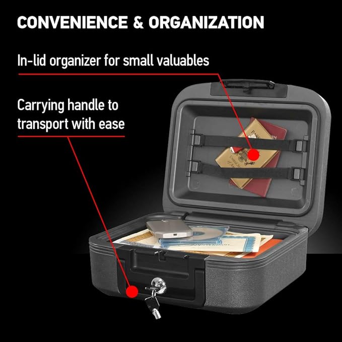 SentrySafe Charcoal Gray Fireproof and Waterproof Safe Box with Key Lock, Portable Chest for Money, Passport, 0.28 Cubic Feet, 6.6 x 15.4 x 14.3 Inches, CHW20221