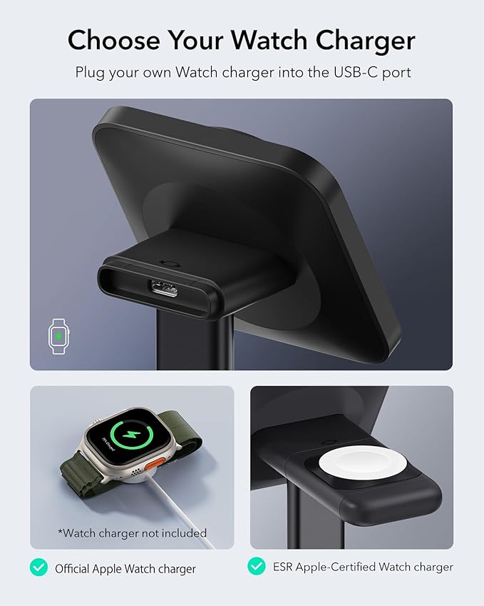 ESR 2 in 1 Charging Station for Apple, MagSafe Charger Stand for iPhone [Certified], Magsafe Charging Station for Multiple Devices iPhone 17/16/15/14/13/12, Apple Watch, & AirPods, Black