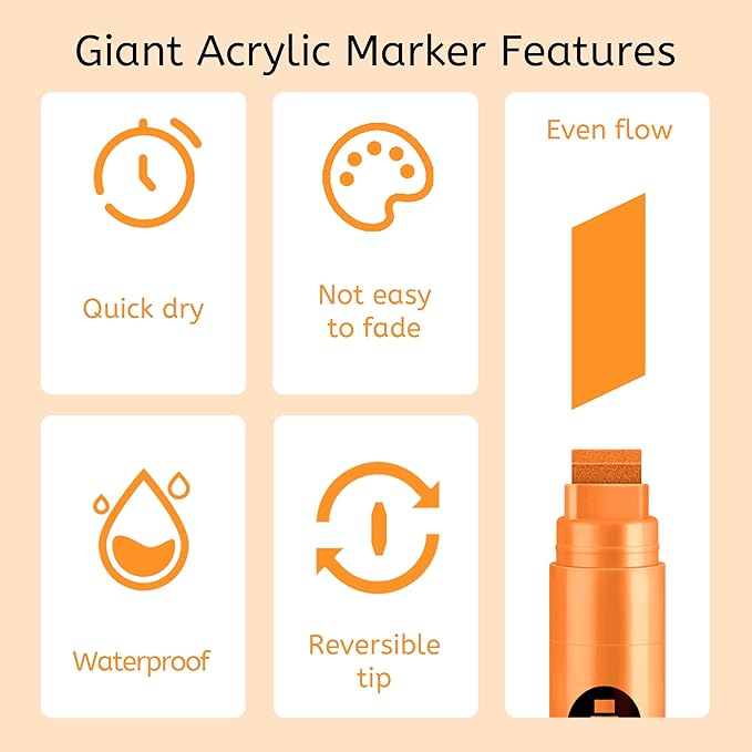 3 Pcs Orange Jumbo Permanent Markers: 15mm Wide Tip Thick Acrylic Paint Pen Large Calligraphy Marker for Rock Painting, Poster, Sign, Canvas, Glass, Wood, Ceramic