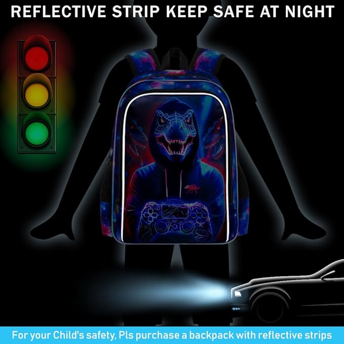 gxtvo 3PCS Kids Dinosaur Game Bookbag, 17" Boys Dino Backpack with Lunch Box, Water Resistant Middle Elementary School Bag - Dinosaur Game
