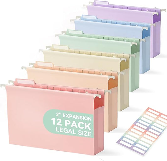 Plastic Extra Capacity Legal Size Hanging File Folders, 2" Pastel Expanding Pocket, Heavy Duty for Filing Cabinet, Insertable 1/5-Cut Tabs - 12 Pack