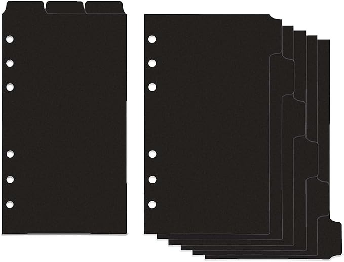 2 Set A6 Binder Dividers Black Plastic Index Divider Blank Side 6 Tabs Top 3 Tabs Planner Insets 9 Sheets Refillable Page Protectors for 6 Ring Binder Notebook