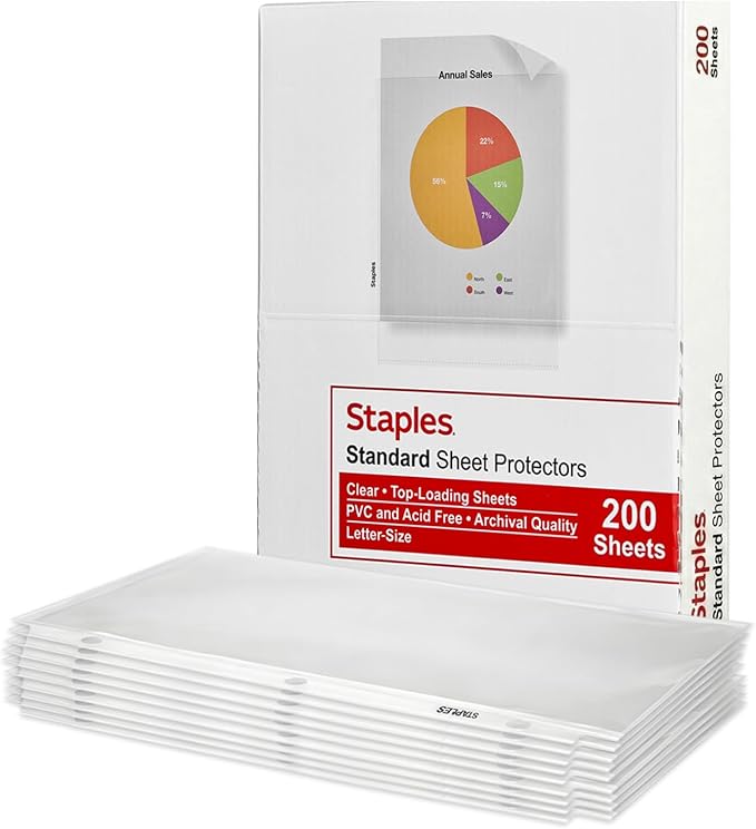 Staples Sheet Protectors, 8.5" x 11" – Top-Loading Clear Page Protectors, 2.4 Mil Standard Weight, 200-Pack