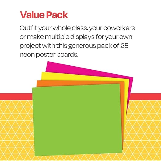 School Smart Poster Board Paper, Neon, Assorted Colors, 12 pt Thick, For Posters, Signs, Crafts, Displays, Classroom Projects, 11 x 14 Inches, 25 Pack